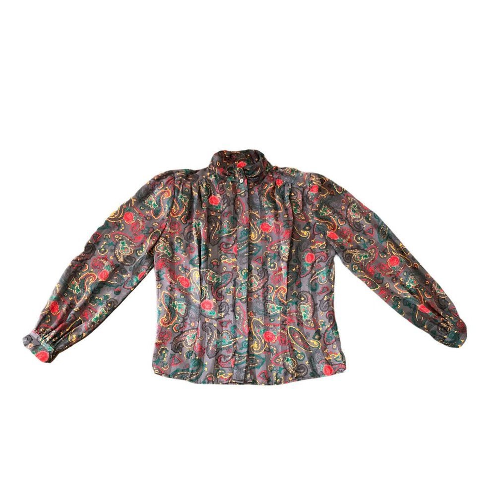 Vintage Anna Kriste Petites Size 10 Secretary Geek Blouse Sheer Paisley Roses